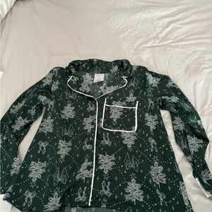 Chic Forest Green Pajama Top with White Accents